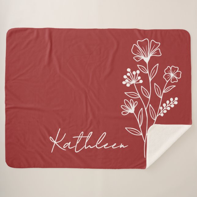 Floral Wine Red Blanket, Custom Name Gift for Her Sherpa Blanket (Front (Horizontal))