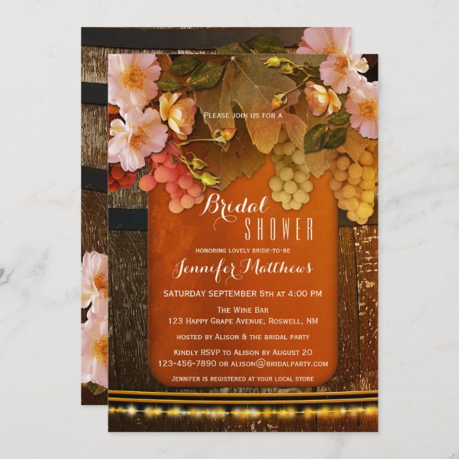 Floral Wine Themed String Lights Bridal Shower Invitation (Front/Back)