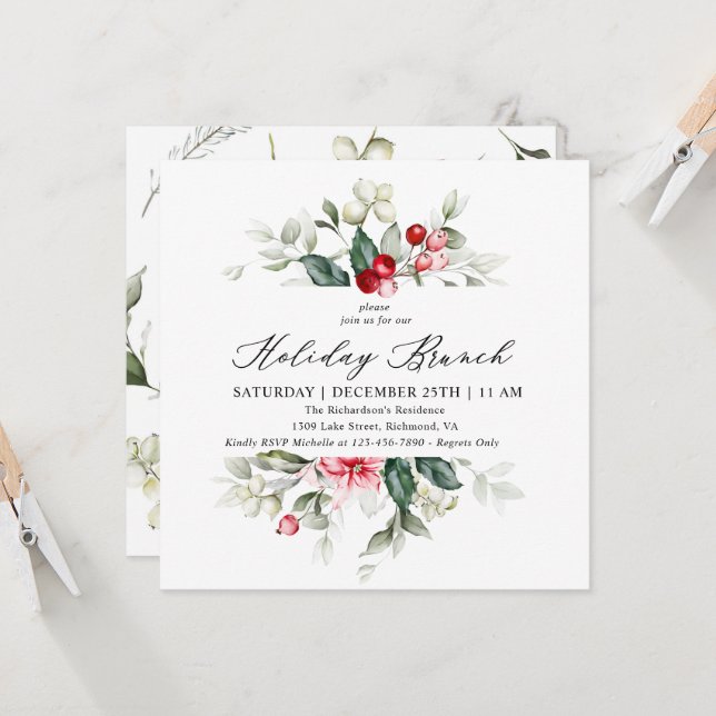 Floral Winter Berries Holiday Brunch Invitation (Front/Back In Situ)