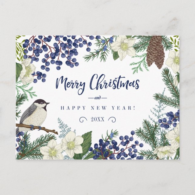 Floral & Winter Bird | Photo Holiday Card (Front)