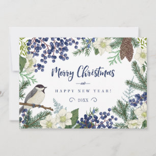 Floral & Winter Bird   Photo Holiday Card
