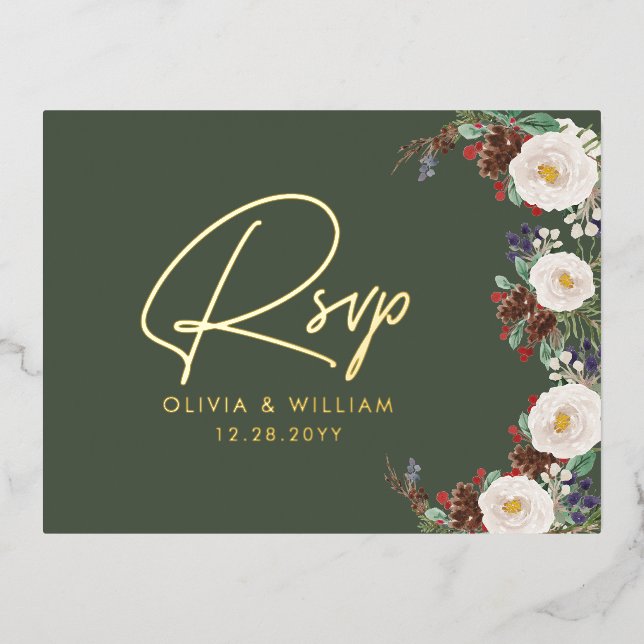 Floral Winter Greenery Christmas Holiday RSVP Foil Invitation Postcard (Front)