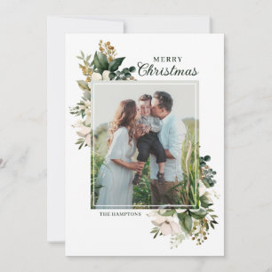 Floral Winter Greenery Elegant Photo Christmas Holiday Card