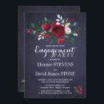 Floral Winter Navy Red Christmas Engagement Party Invitation<br><div class="desc">Floral rustic red burgundy and white peony roses bouquet with winter seasonal pine green fir branches,  red berries and foliage engagement party invitation with an elegant modern contemporary changeable script text over a dark midnight navy blue chalkboard background.            Ideal for a winter Christmas floral classy party.</div>