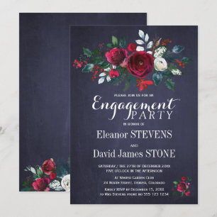 Floral Winter Navy Red Christmas Engagement Party Invitation