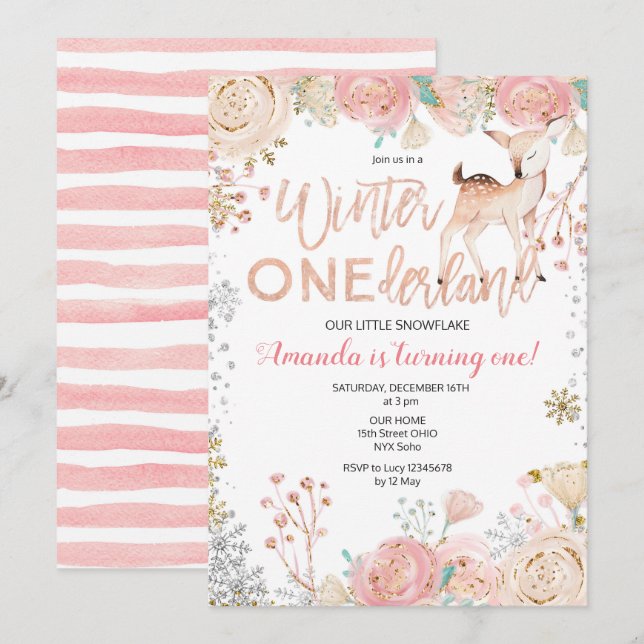 Floral Winter ONEderland Snow Birthday Invitation (Front/Back)