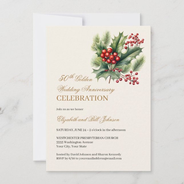 Floral Winter Theme Gold 50th Wedding Anniversary Invitation (Front)