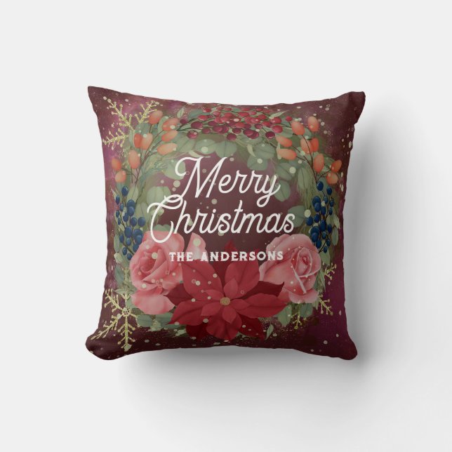 Floral winter watercolor wreath red poinsettia cushion (Front)