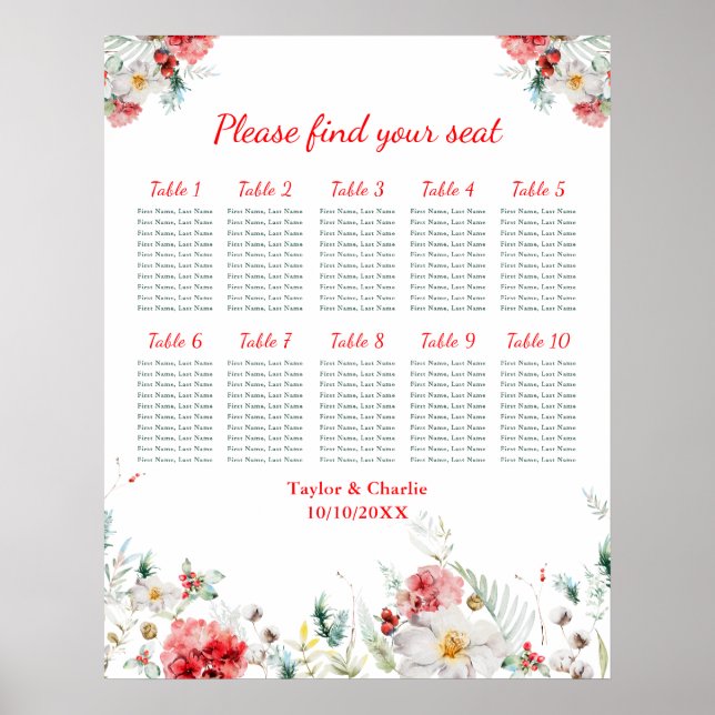 Floral Winter Wedding 10 Tables Seating Chart (Front)