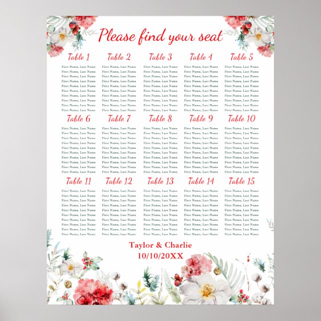 Floral Winter Wedding 15 Tables Seating Chart (Front)