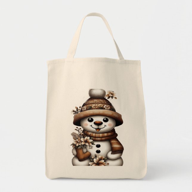 Floral Winter Wonderland Snowman Tote Bag (Front)