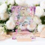 Floral Wisteria Butterfly Kids Photo Birthday Acrylic Invitations<br><div class="desc">Design features pastel colours like lavender, mint, and baby pink, adorned with gentle wisteria flowers and playful butterflies. These elements create a soft, magical feel. The invitation features the words "Flutter on over" in shiny gold glitter script, adding a touch of sparkle and fun. This simple yet enchanting design is...</div>