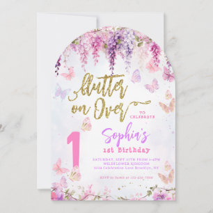 Floral Wisteria Gold Butterfly Kids Birthday Arch Invitation