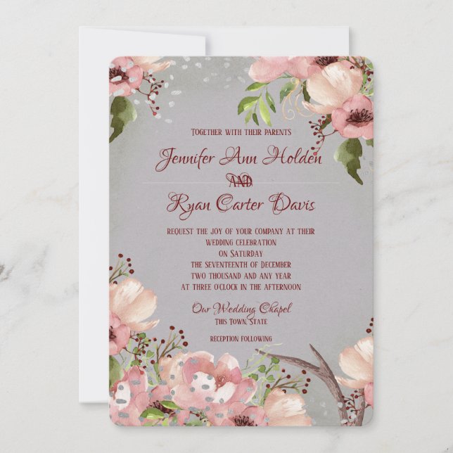 Floral with Antlers Watercolor Wedding Invitation (Front)