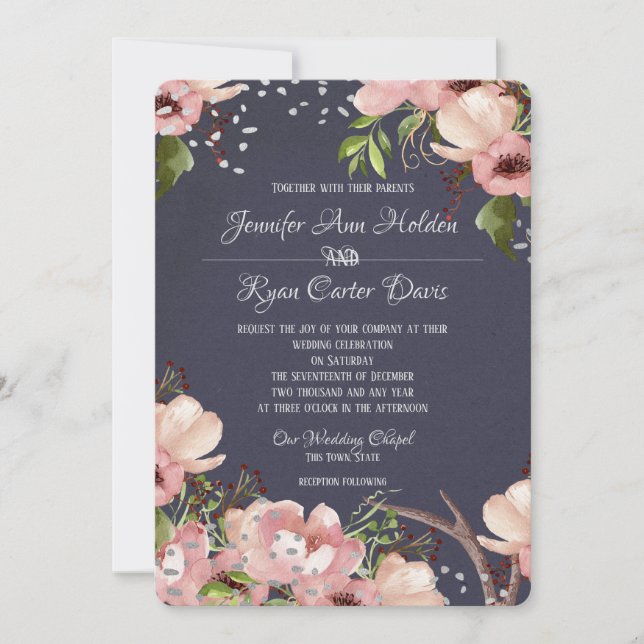 Floral with Antlers Watercolor Wedding Invitation (Front)