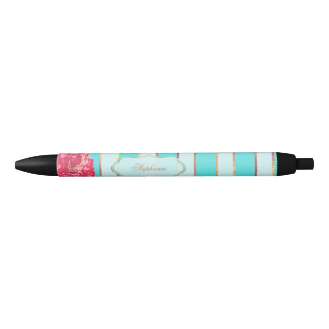 Floral with Aqua and Golden Stripes Black Ink Pen (Front)