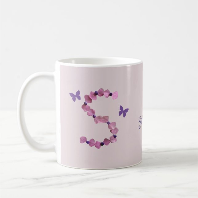 Floral with Butterflies Handmade Letter S Monogram Coffee Mug (Left)