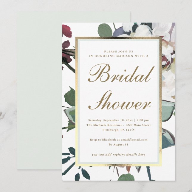 Floral with Faux Gold Frame Bridal Shower Invitation (Front/Back)
