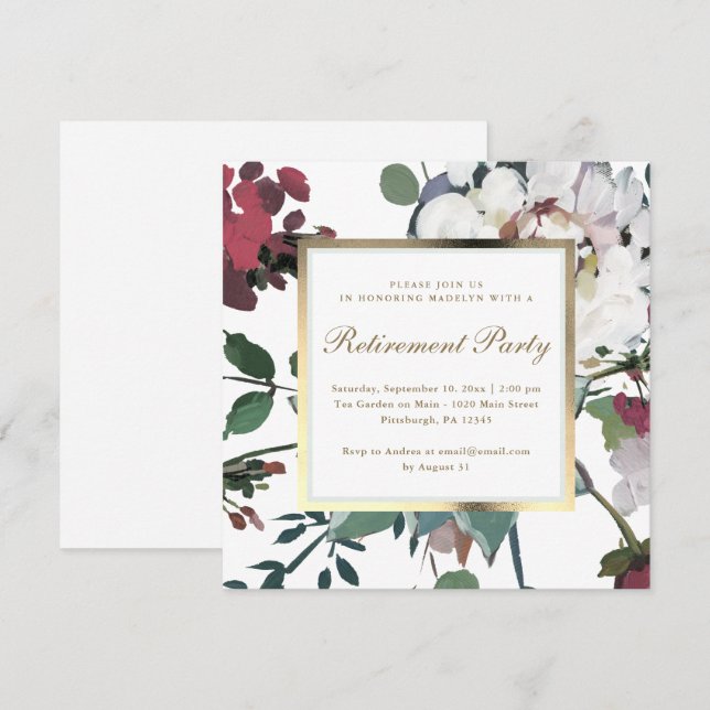 Floral with Faux Gold Frame Retirement Party Invitation (Front/Back)