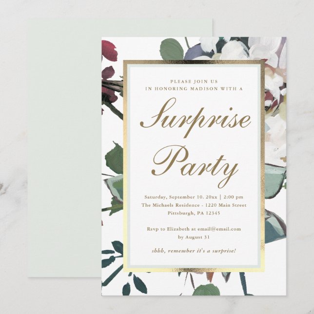 Floral with Faux Gold Frame Surprise Party Invitation (Front/Back)