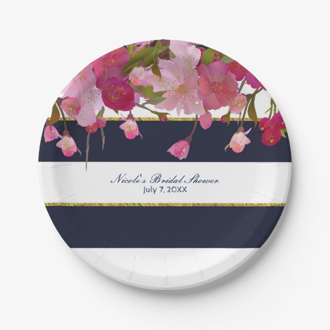 Floral with Faux Gold Glitter Modern Bridal Shower Paper Plate (Front)