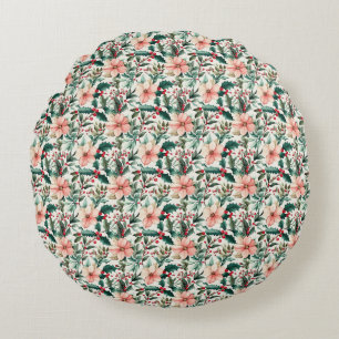 Floral With Pink Flowers and Red Berries Round Cushion