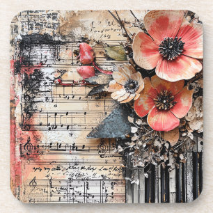 Floral with Rustic Piano Keys & Aged Music Sheet 1 Coaster
