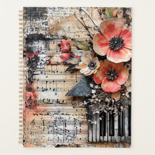 Floral with Rustic Piano Keys & Aged Music Sheet 1 Planner