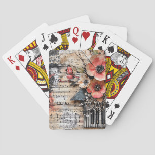 Floral with Rustic Piano Keys & Aged Music Sheet 1 Playing Cards