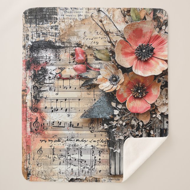 Floral with Rustic Piano Keys & Aged Music Sheet 1 Sherpa Blanket (Front)
