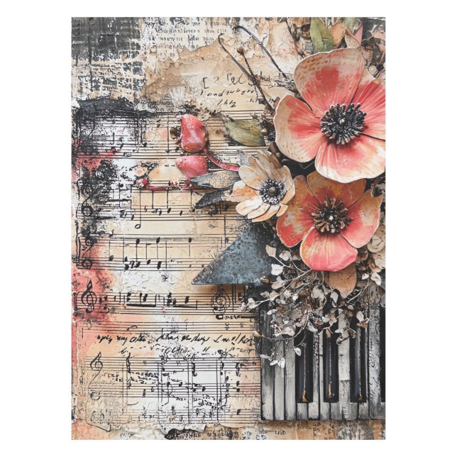 Floral with Rustic Piano Keys & Aged Music Sheet 1 Tablecloth (Front)