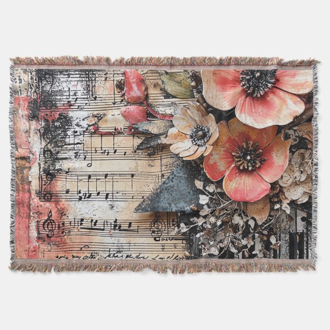 Floral with Rustic Piano Keys & Aged Music Sheet 1 Throw Blanket (Front)