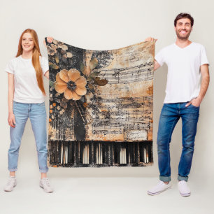 Floral with Rustic Piano Keys & Aged Music Sheet 2 Fleece Blanket