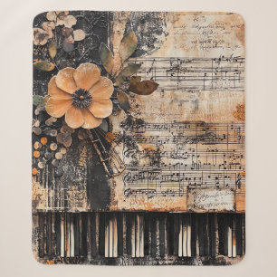 Floral with Rustic Piano Keys & Aged Music Sheet 2 Sherpa Blanket