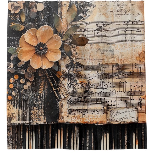 Floral with Rustic Piano Keys & Aged Music Sheet 2 Shower Curtain (Front)