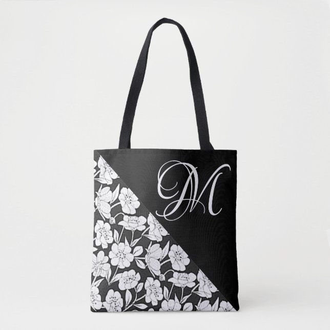 “Floral with White Initial M” Tote Bag (Front)