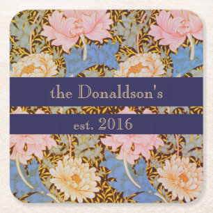 Floral Wm Morris Design Add a Name & Year Square Paper Coaster