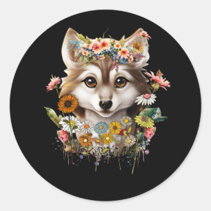 Floral Wolf Lover Vintage Flowers Wolf Face For Wo Classic Round Sticker