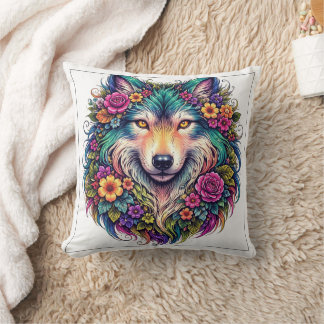 Floral Wolf Pillow – Boho Nature Animal Decor