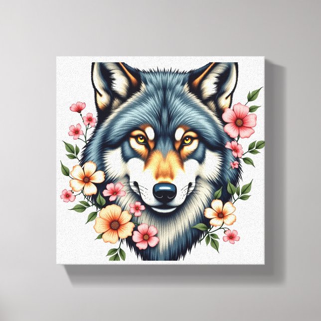 Floral Wolf Stretched Canvas Print (Front)
