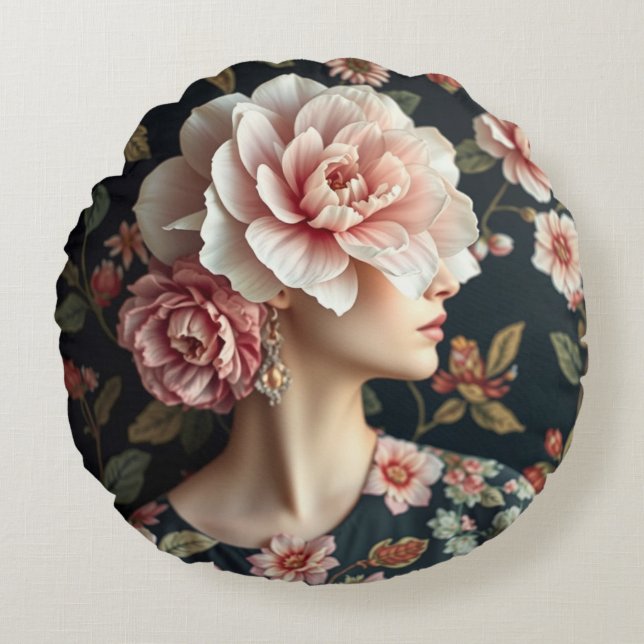 Floral Woman Art - Live life in full bloom  Round Cushion (Front)