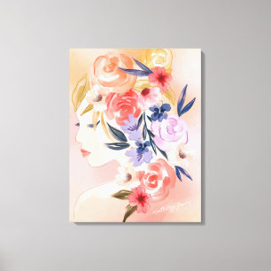 Floral Woman Botanical Watercolor Illustration Canvas Print