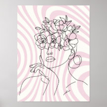 Floral Woman Line Art Wall Poster, Boho Aesthetic 