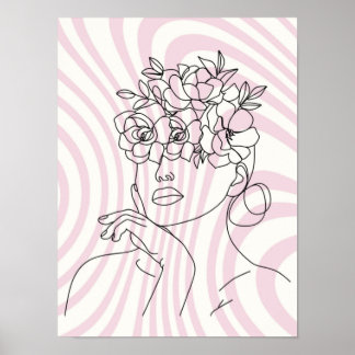 Floral Woman Line Art Wall Poster, Boho Aesthetic  Poster