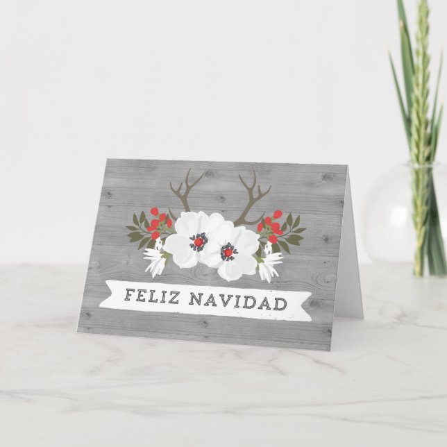 Floral Wood Antlers Spanish Christmas Card (Front)