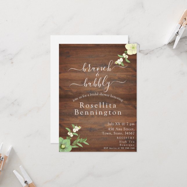 Floral Wood Brunch and Bubbly Bridal Shower Invitation (Front/Back In Situ)