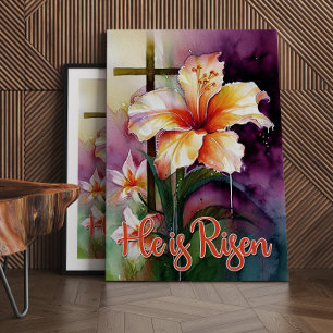 Floral Wood Christian Cross, He is Risen Easter Ca Canvas Print