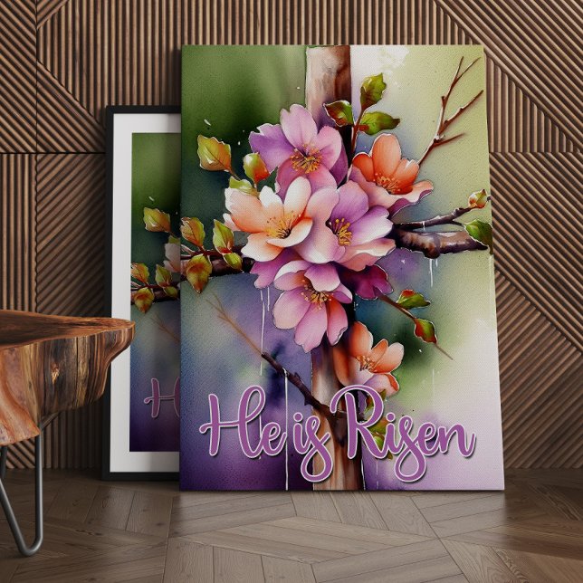 Floral Wood Christian Cross, He is Risen Easter Canvas Print (Creator Uploaded)