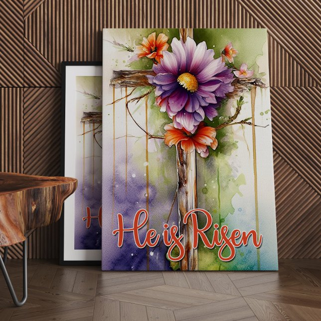 Floral Wood Christian Cross, He is Risen Easter Canvas Print (Creator Uploaded)