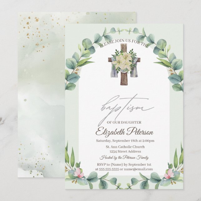 Floral Wood Cross Baptism Invitation (Front/Back)